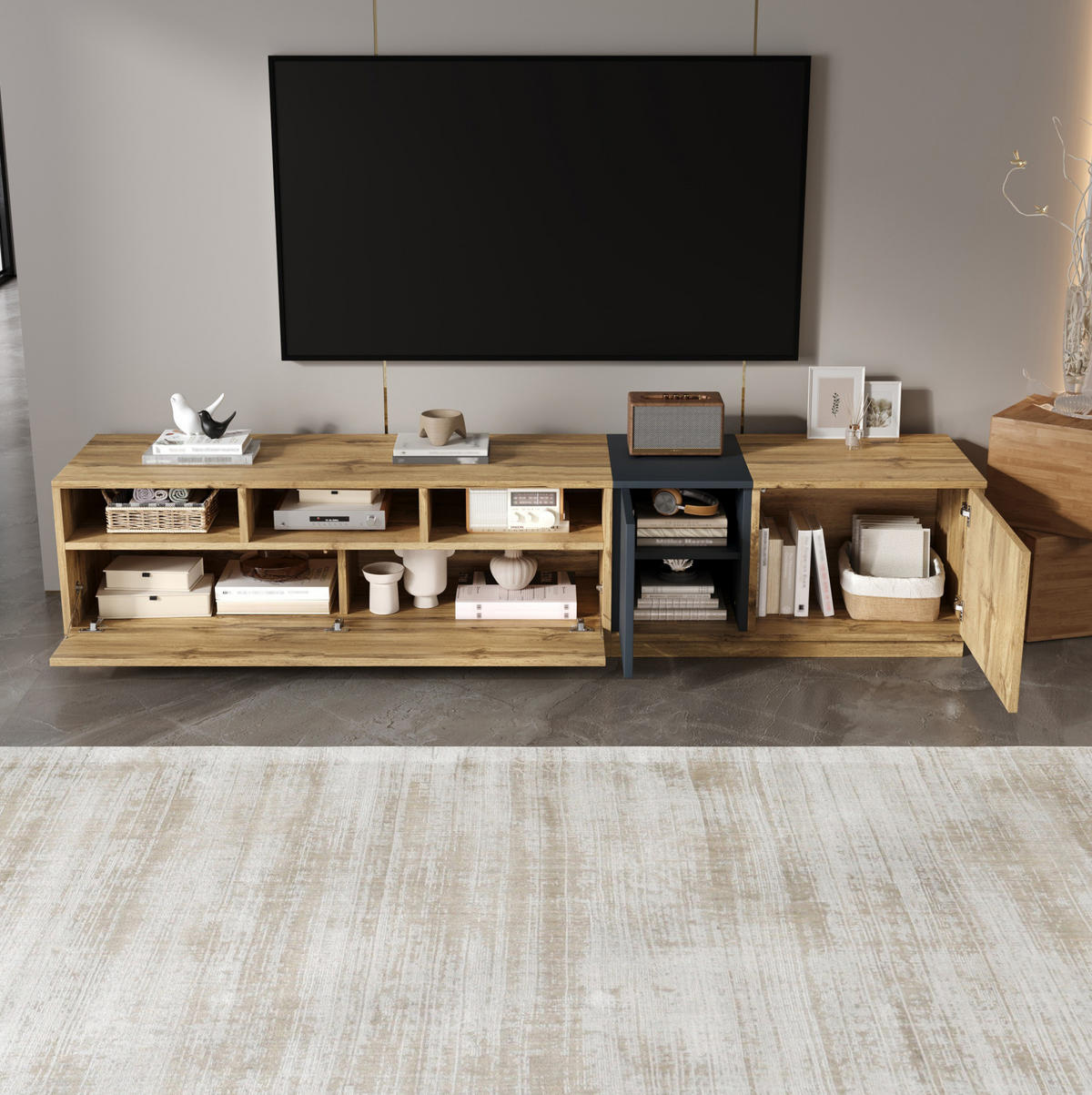 TV-LOWBOARD 200/45/45 cm mit Kabeldurchlass und 3 Türen - Schwarz, Holzwerkstoff (200/45/45cm) - BEAOK