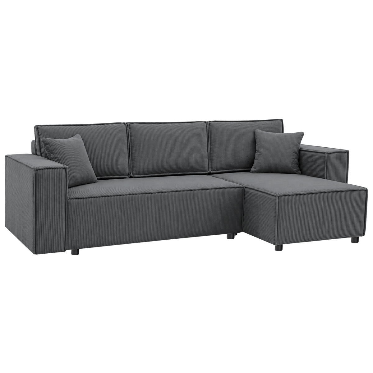 ECKSCHLAFSOFA Neapol mit Bettkasten, 255 cm, Cord-Stoff, Dunkelgrau - Dunkelgrau/Schwarz, Textil (256/148cm) - Beautysofa