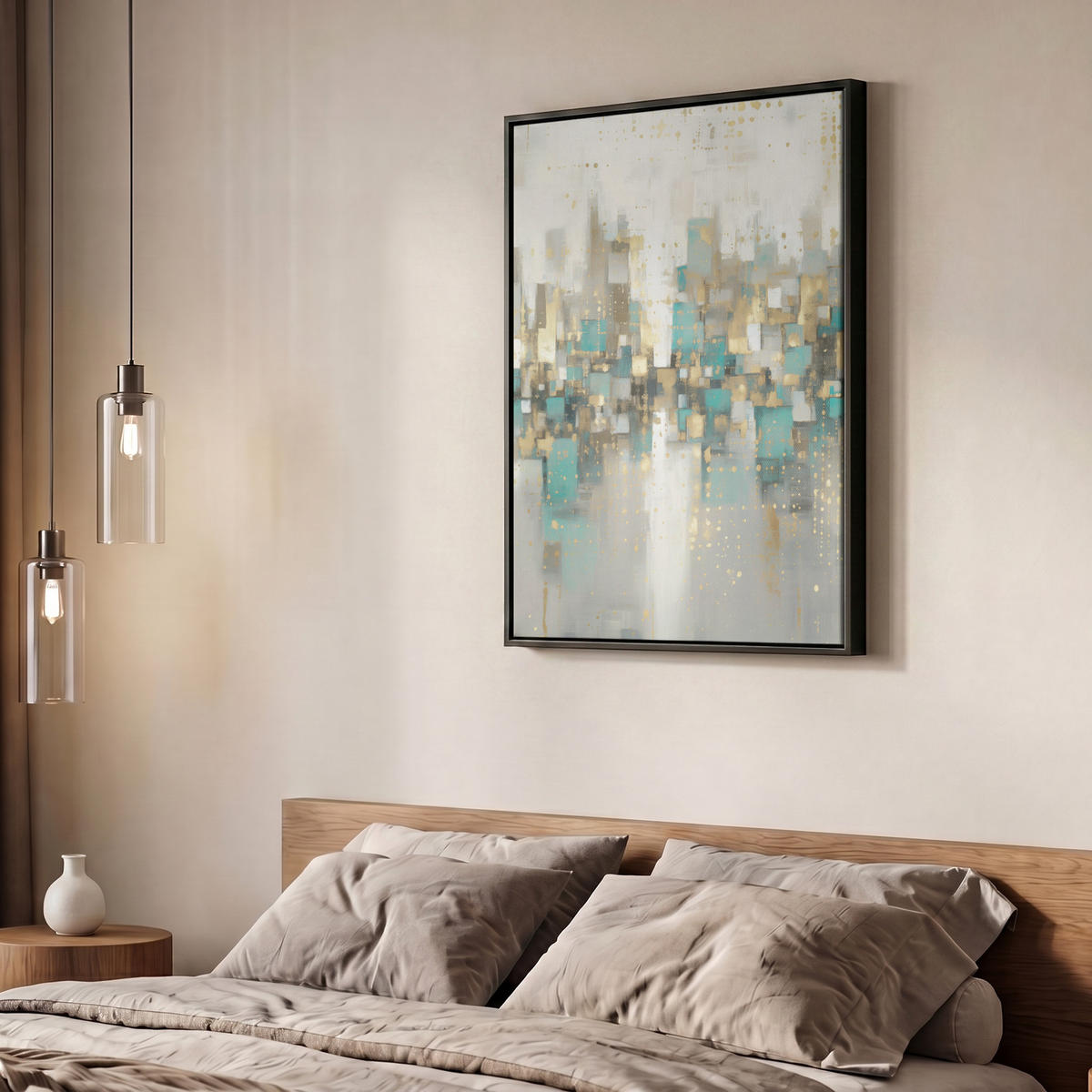 LEINWAND Bilder mit Rahmen - Abstrakt - Blöcke - Gold - Skyline - 60x80 - Beige, Textil (60/80cm) - MuchoWow