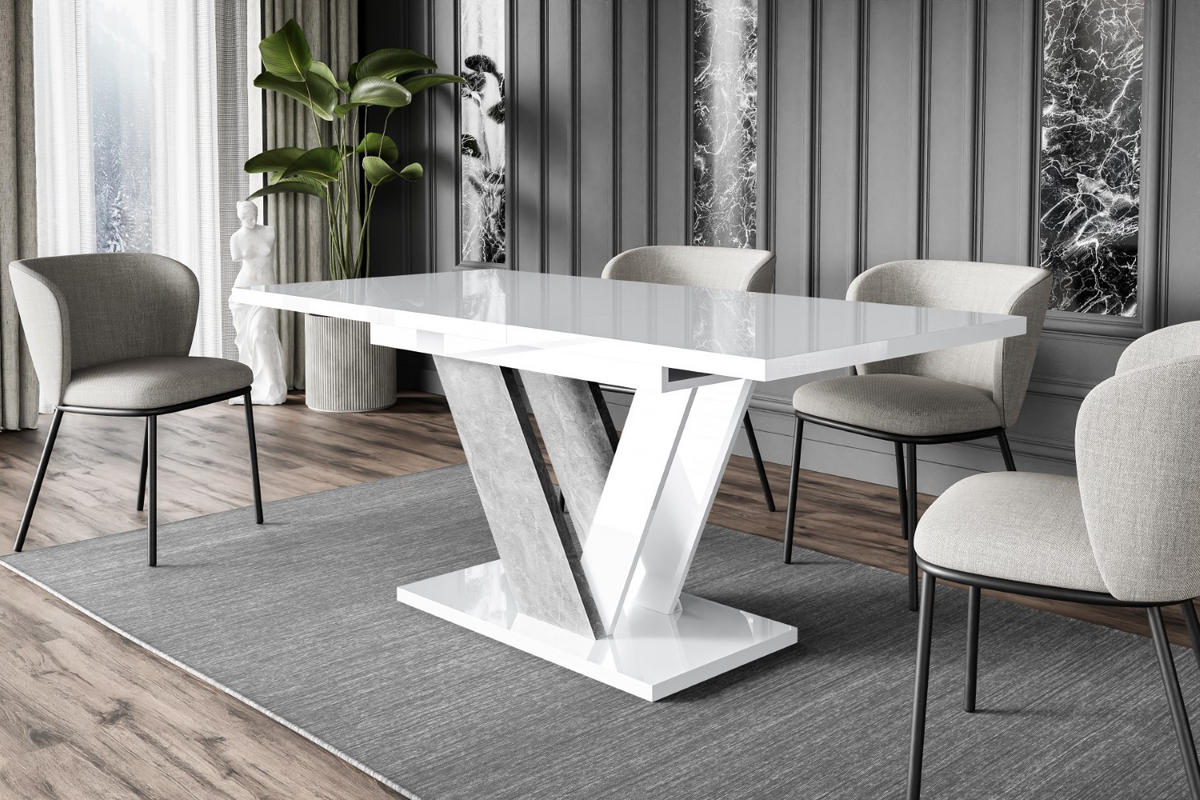 ESSTISCH ausziehbar 120 -160x80x75 cm - White Gloss / Stone - CLASI - Weiß Hochglanz/Grau, Holzwerkstoff (120/80/75cm) - ALTDECOR