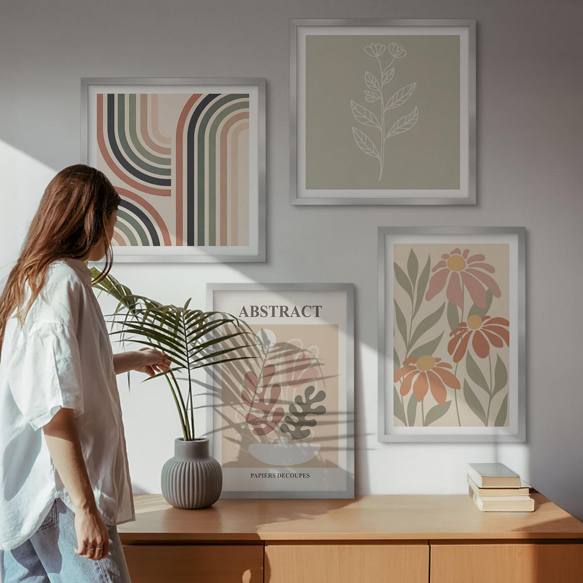 WANDBILDER 4er Set - 50x50 cm & 40x60 cm Silberner Rahmen - Abstrakte Pastellpflanzen - Silberfarben, Kunststoff (50/50cm) - ArtPrintCave