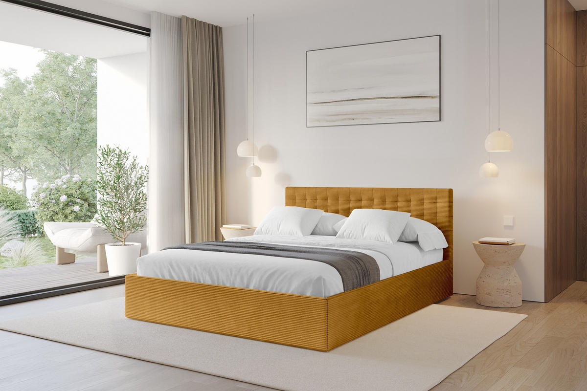POLSTERBETT mit Bettkasten und Lattenrost, Boxbett ohne Matratze - PARI 180x200 Senfgelb - Currygelb, Holzwerkstoff/Textil (180/200cm) - ALTDECOR