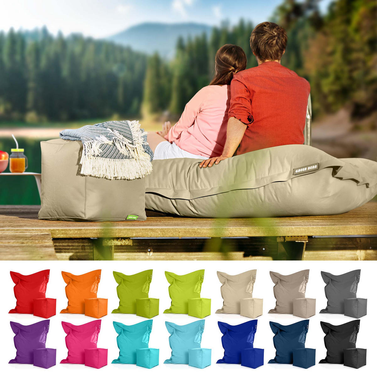 XXL-SITZSACK + Pouf 2er Set - 140x180cm - Beige, Textil (140/25/180cm) - Green Bean