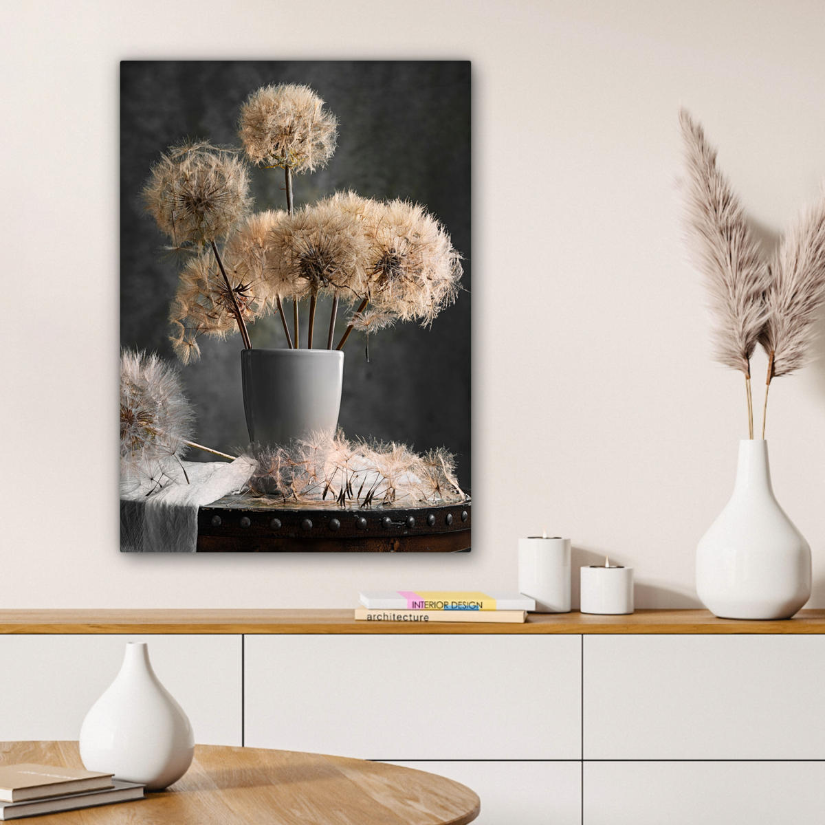 LEINWANDBILD Blumensamen - Löwenzahn - Vase - Stilleben - Blumenstrauß Wandbild Wohnzimmer 60x80 cm - Dunkelgrau, Textil (60/80cm) - MuchoWow