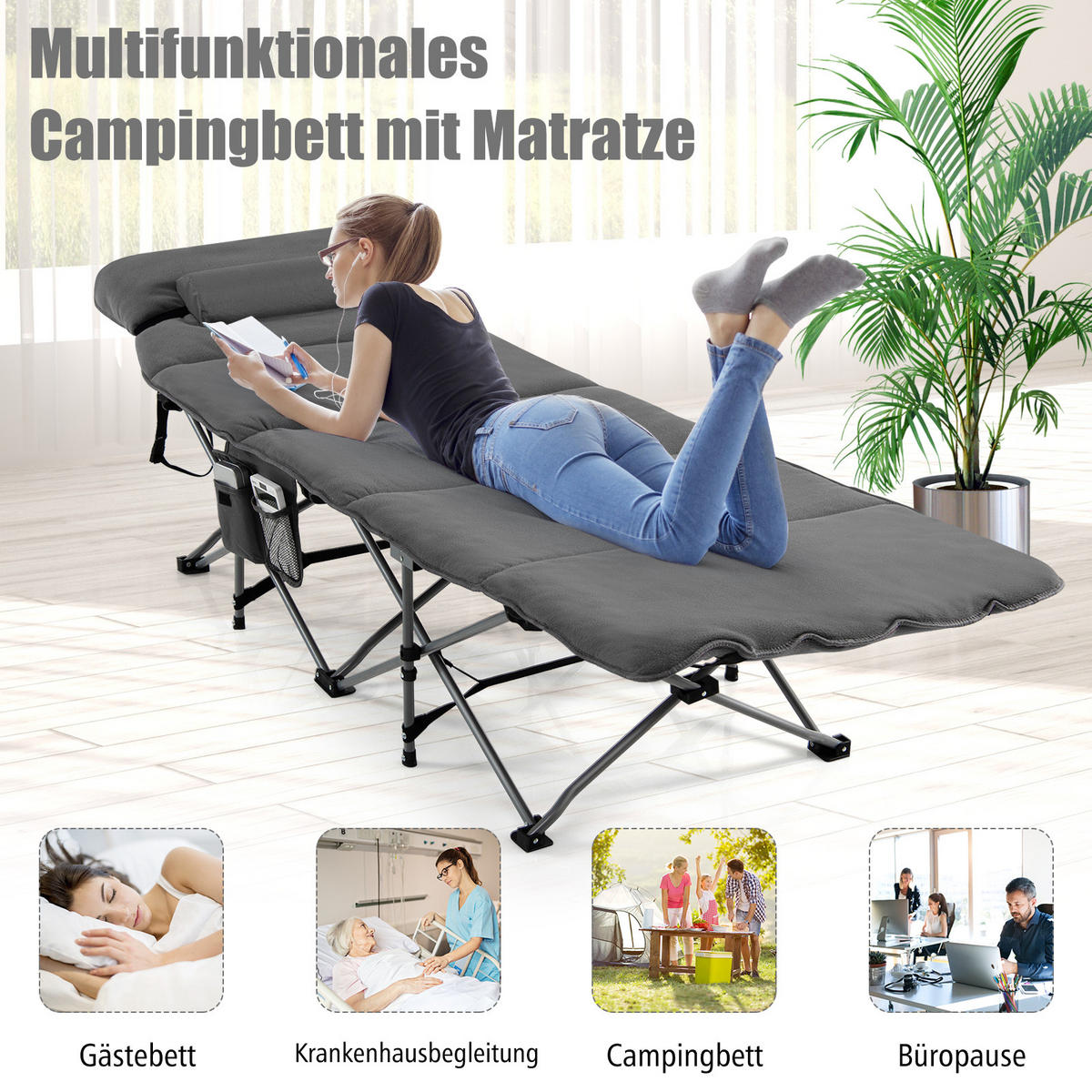 CAMPINGBETT mit Matratze+Kissen Grau - Grau, Metall - COSTWAY