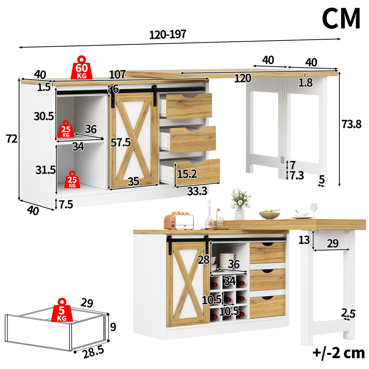 BARTISCH DE-38584 ausziehbar 120-197 cm 360° drehbar Eiche/Weiß - Weiß, Holzwerkstoff (40/120/72cm) - ComfortXL