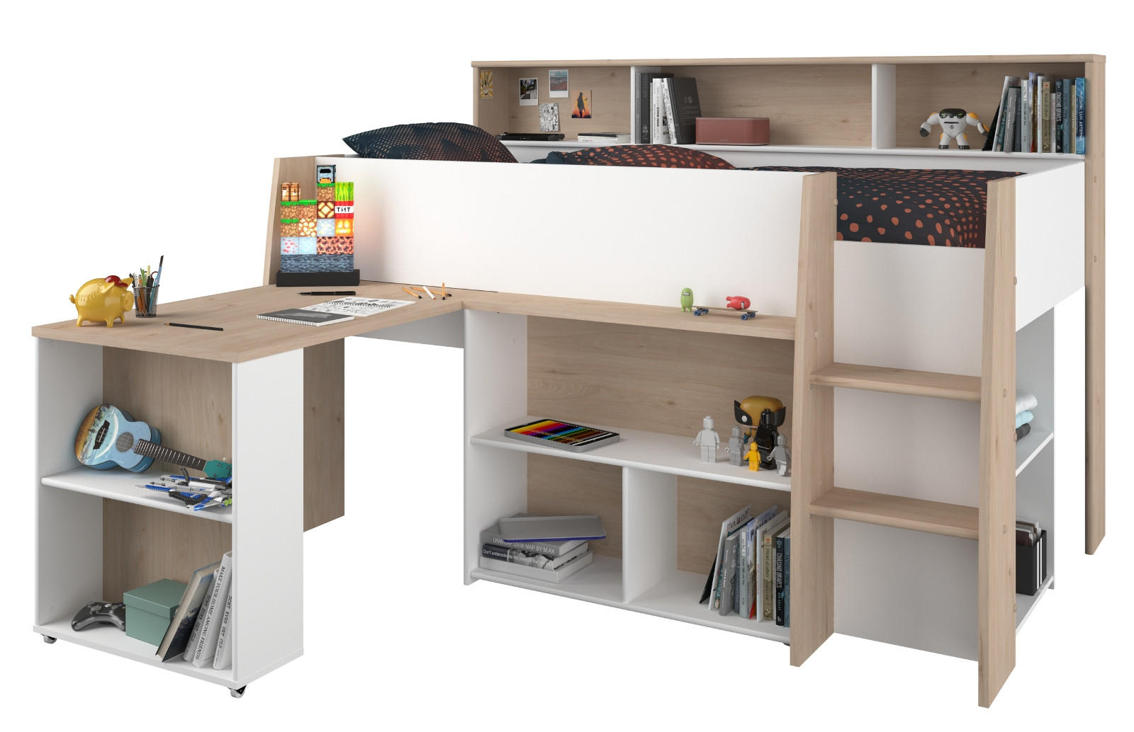 HOCHBETT Jugendzimmer Bett 90 x 200 mit Schreibtisch ausziehbar - Multicolor, Holz/Holzwerkstoff (200/90cm) - Parisot Meuble