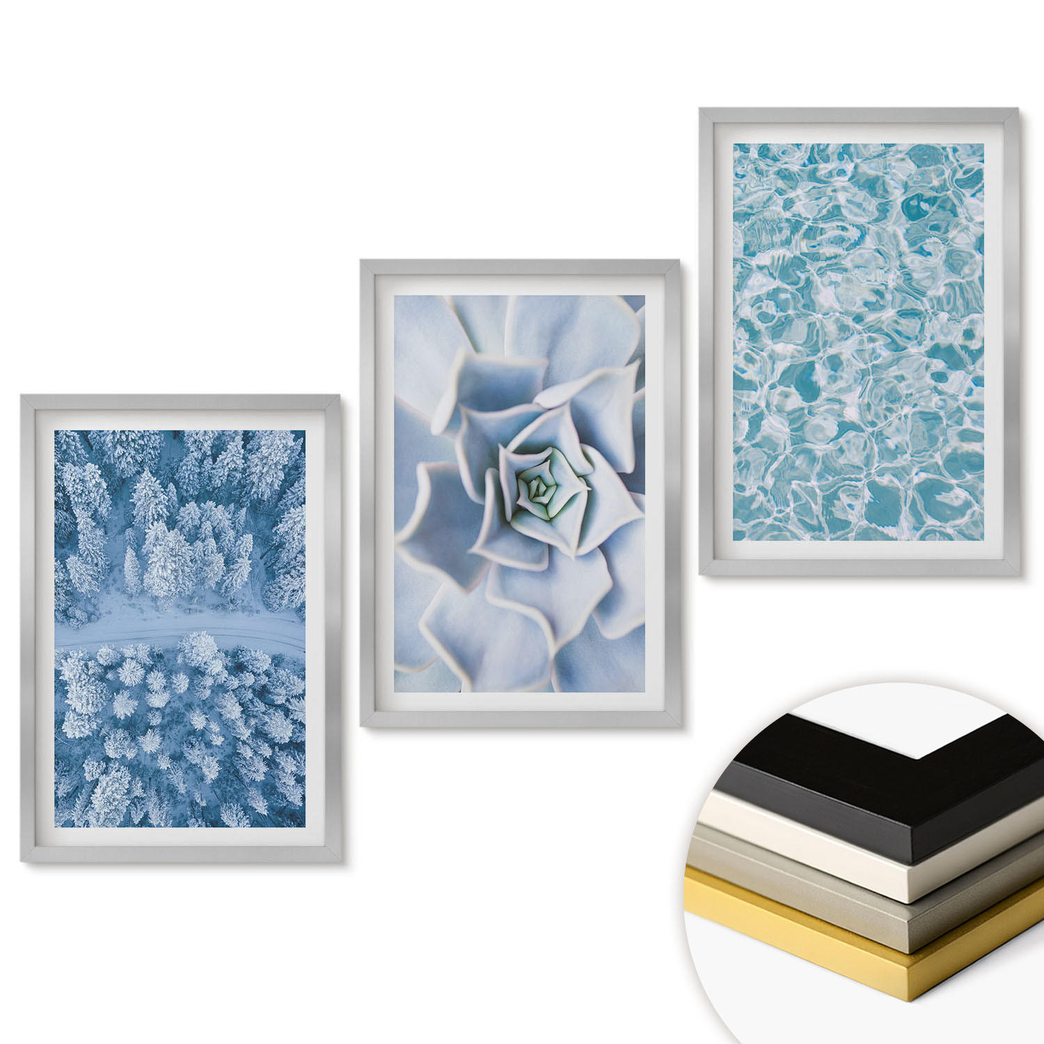 WANDBILDER 3er Set - 40x60 cm Silberner Rahmen - Winterwald blaue Blume Wasser - Silberfarben, Kunststoff (40/60cm) - ArtPrintCave