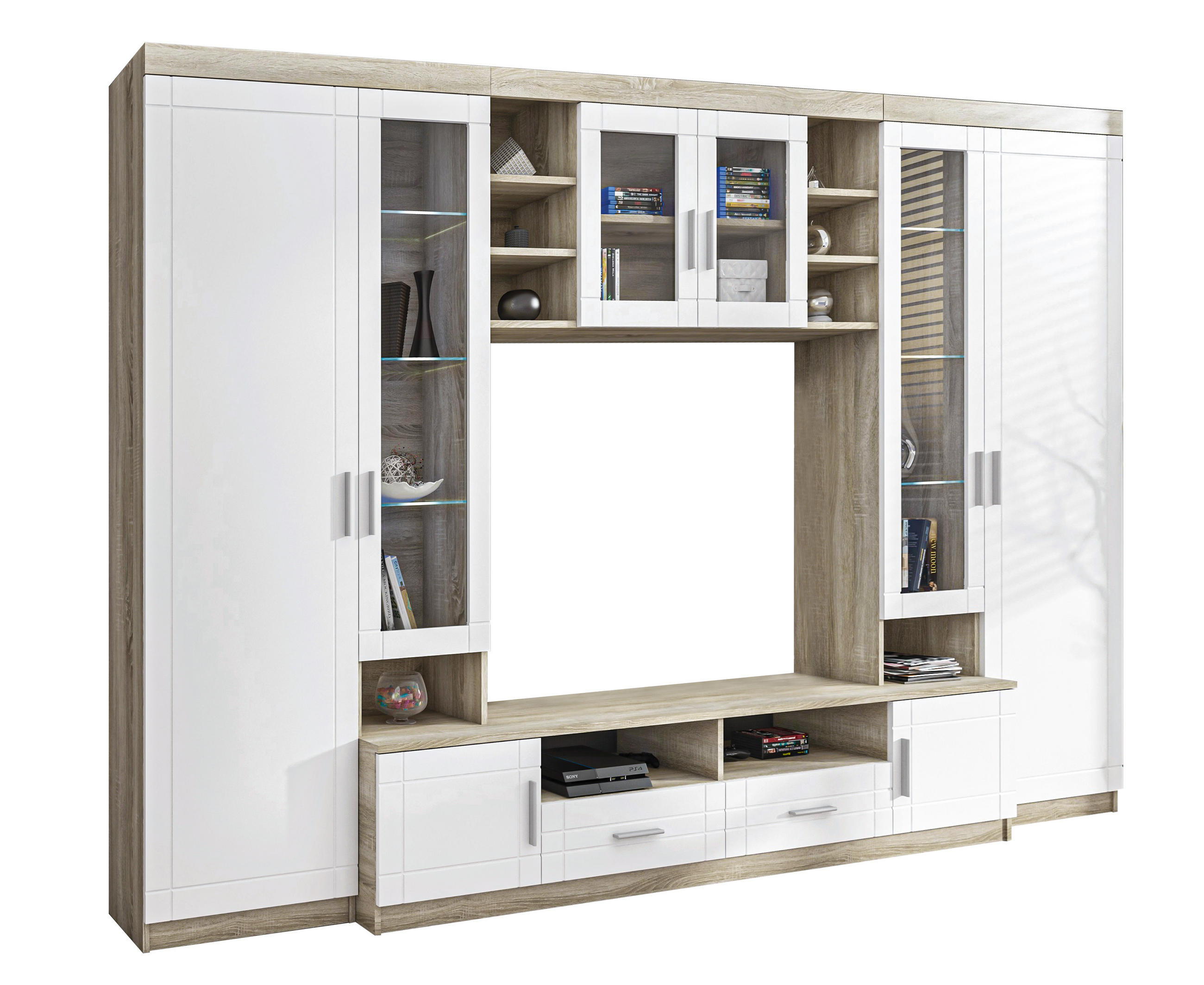 WOHNWAND Parisca Sonoma Eiche, Weiß 340/198/44 cm mit viel Stauraum - Beige/Weiß, Holzwerkstoff/Kunststoff (340/198/44cm) - AX Living