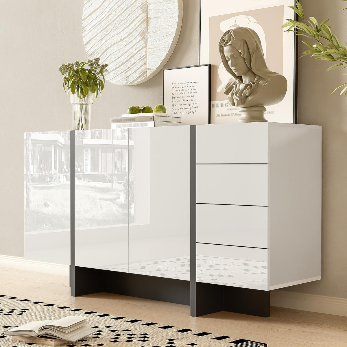 SIDEBOARD Hochglanz Weiß 2 Türen 4 Schubladen Modern - Weiß, Holzwerkstoff (40/80.5/150cm) - FLIEKS