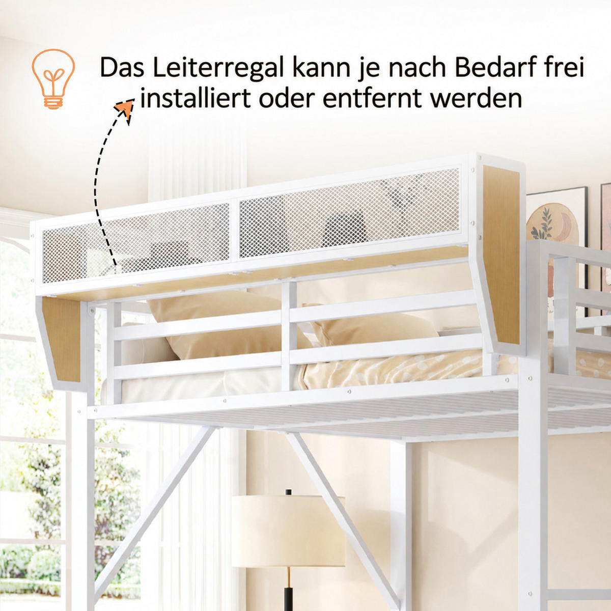 HOCHBETT 140/200 cm Weiß mit Schreibtisch, Stauraumtreppe, LED-Licht und Aufbewahrungsnetz - Weiß, Metall (140/200cm) - Oxeza