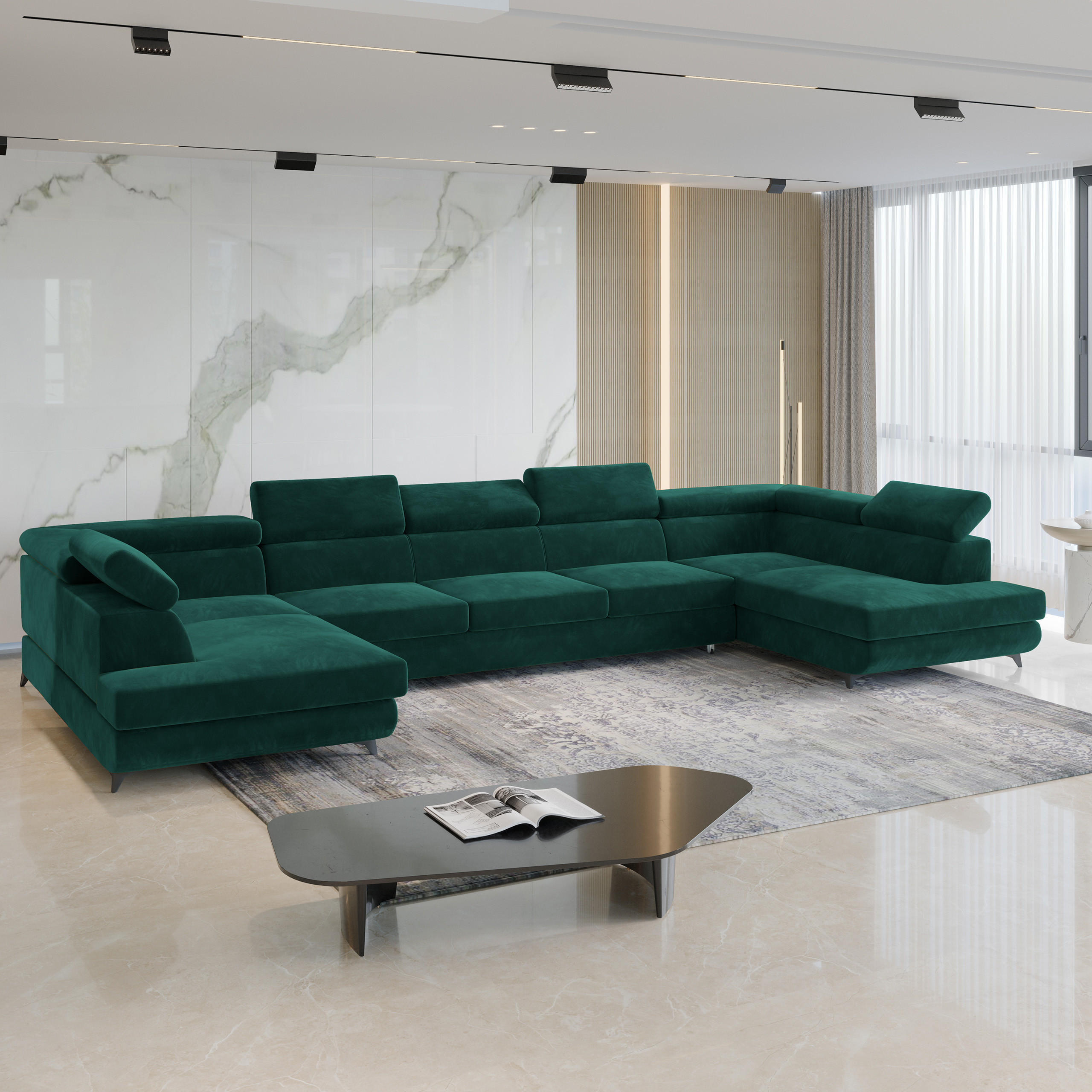 WOHNLANDSCHAFT URMANO Grün Velours-Stoff mit Schlaffunktion - Grün, Holz (395/89/190cm) - MASSENO