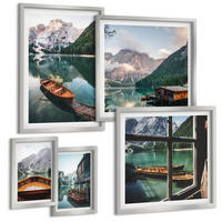 BILDER SET 5er Set - 50x50 cm & 20x30 cm & 40x60 cm Silberner Rahmen - See, Berge, Boote, Hütte, Fenster - Silberfarben, Kunststoff (40/60cm) - TULUP