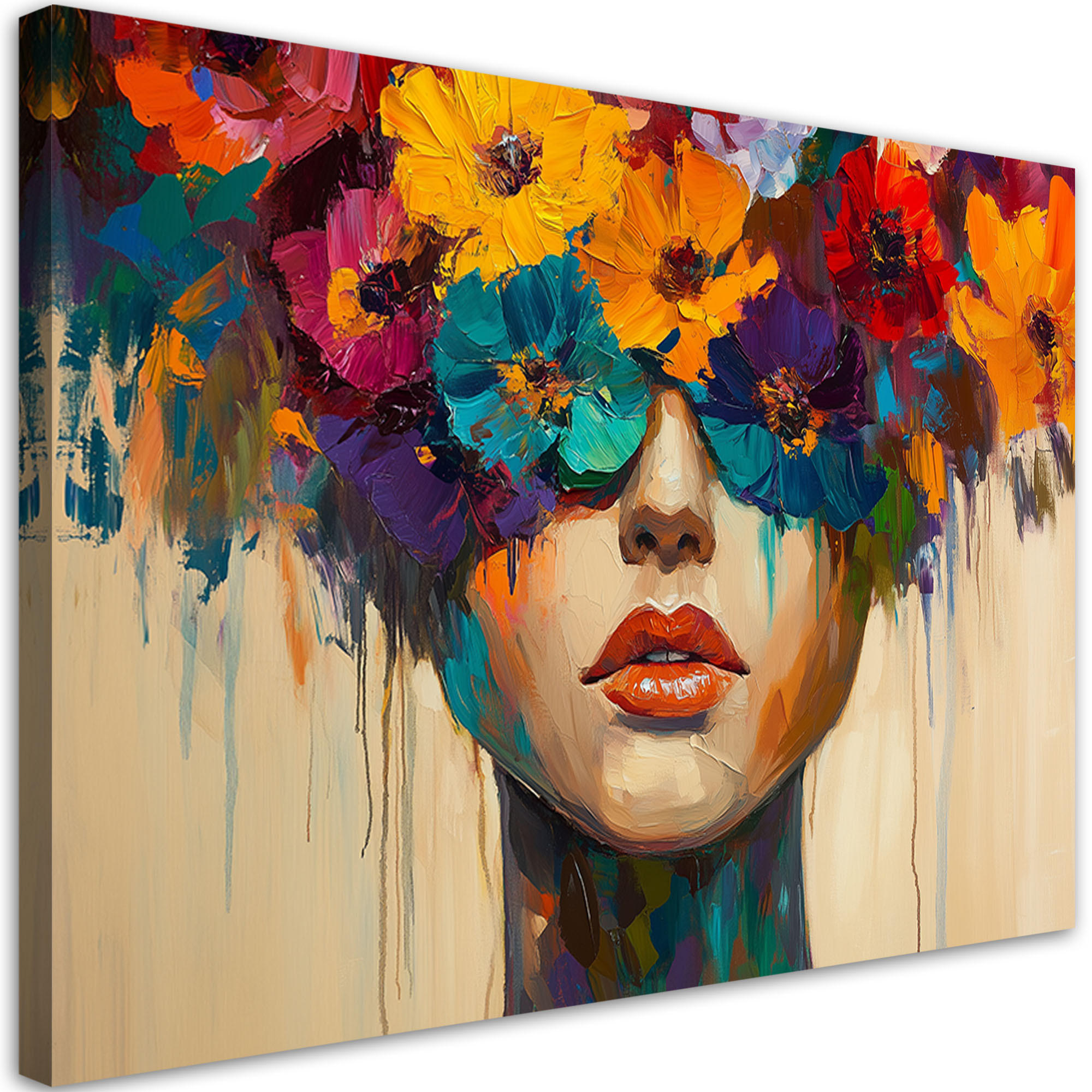 LEINWANDBILD Abstrakte Frau mit Blumen auf dem Kopf 60x40cm - Multicolor, Textil (60/40cm) - Feeby