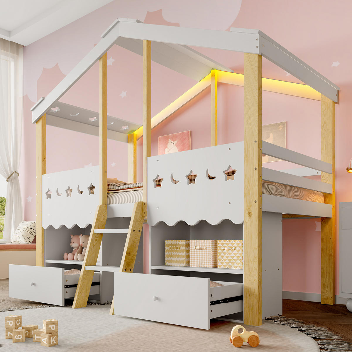 HOCHBETT 90/200 cm Hausform mit 2 Schubladen und LED-Beleuchtung in Weiß + Natur - Weiß, Holz (90/200cm) - OKWISH