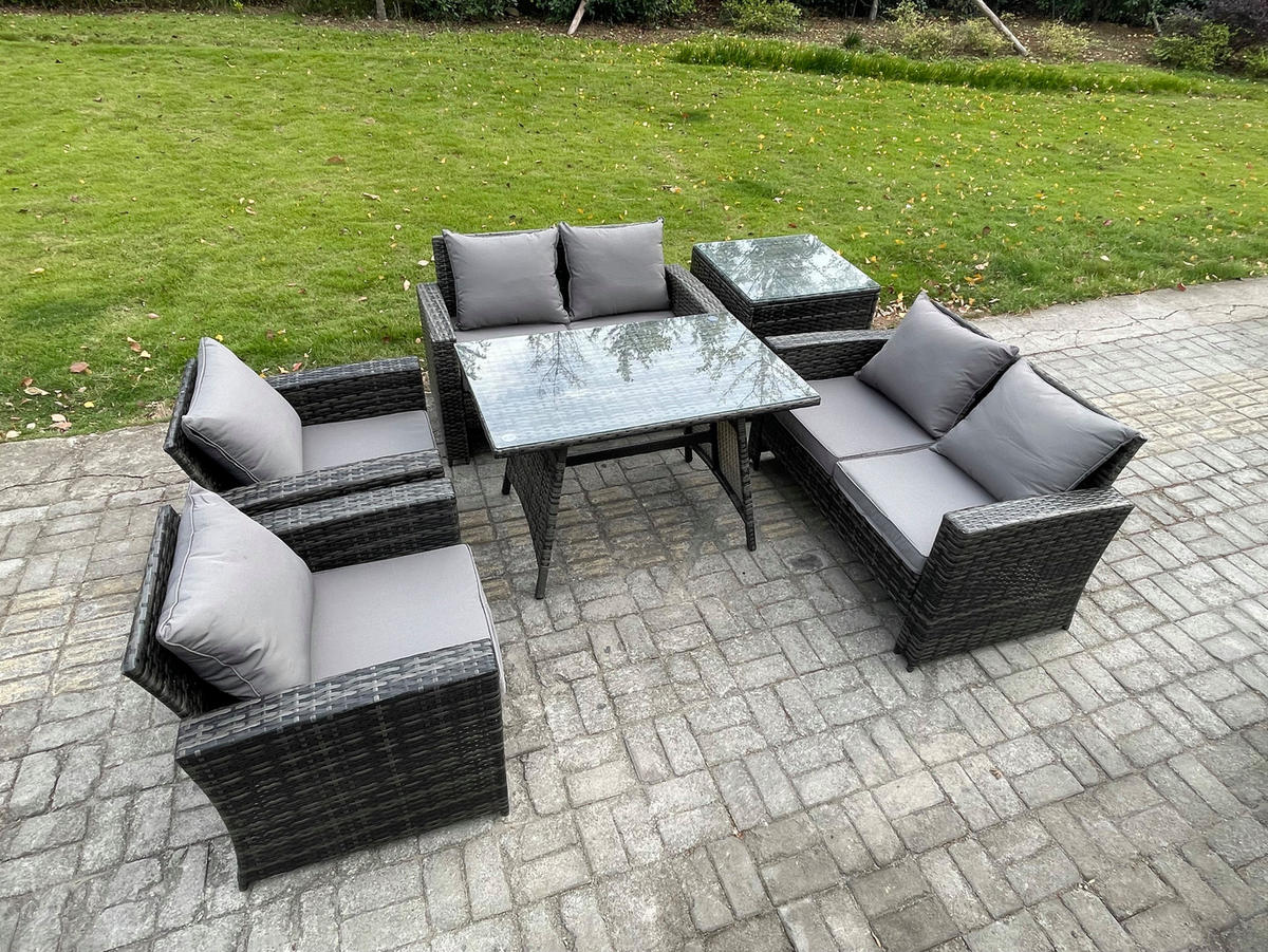 GARTENMÖBELSET mit ESSTISCH,HOCHLEHNER-SOFA Polyrattan Dunkelgrauer Mix 6-Sitzer - Dunkelgrau/Grau, Glas/Kunststoff - Fimous