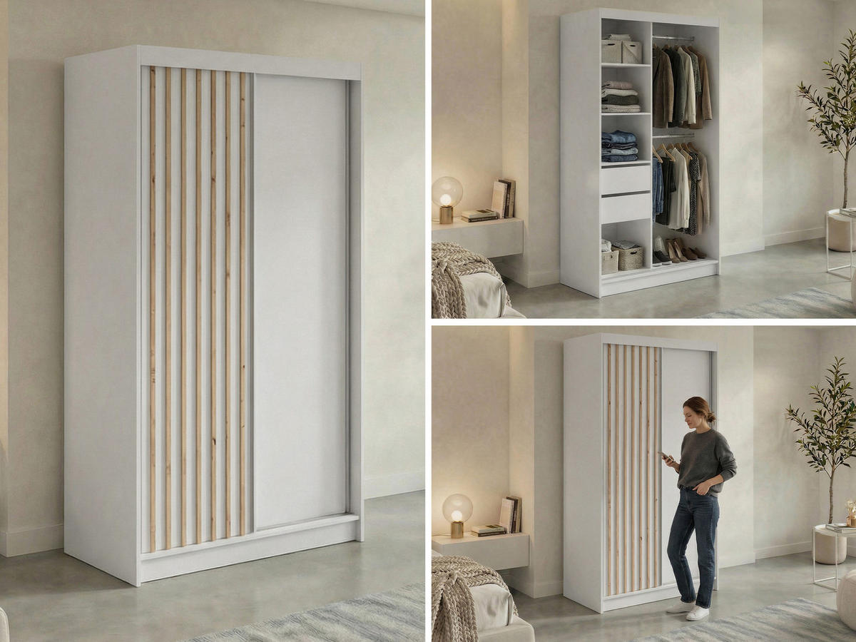 SCHWEBETÜRENSCHRANK mit Lamellen und Schubladen LUMOS - 120 - Weiß und Eiche Artisan - Alufarben/Weiß, Holzwerkstoff/Metall (120/216/61cm) - MKS
