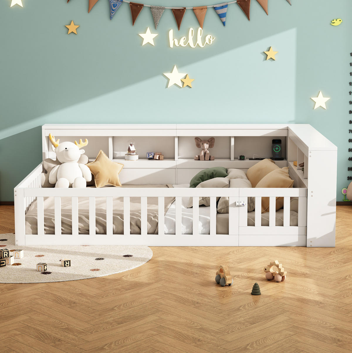 KINDERBETT aus Spanplatte & MDF 140x190 cm in Weiß mit Stauraum & USB - Weiß, Holzwerkstoff (140/190cm) - Modfu