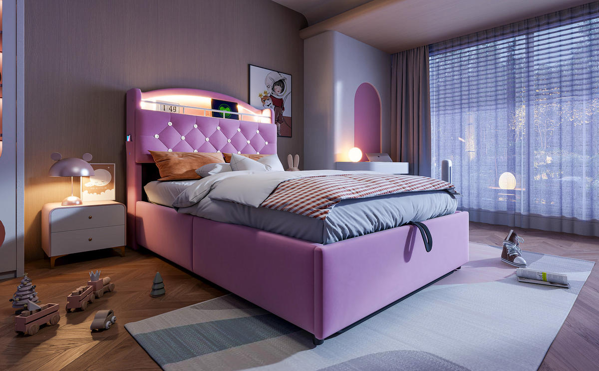 KINDERBETT 90x200 cm Samt LED USB rosa - Rosa, Textil (90/200cm) - LEBENLANG