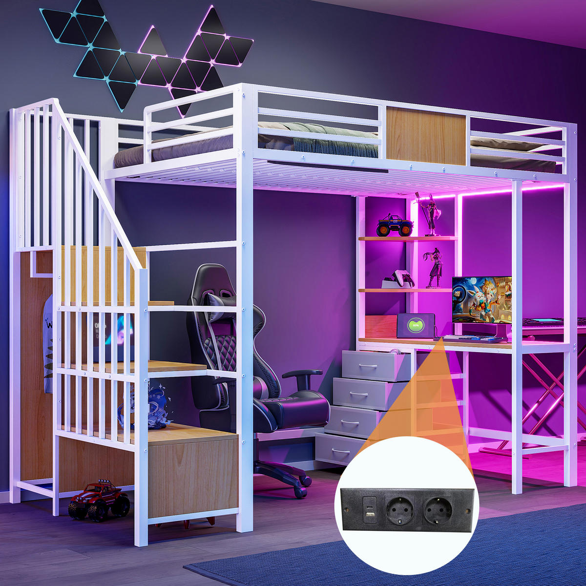 HOCHBETT 90/200 cm in Weiß mit Schreibtisch, Ablagefächern, Kleiderstange, LED und Steckdose aus Metall - Weiß, Holzwerkstoff/Metall (90/200cm) - CHICFURN