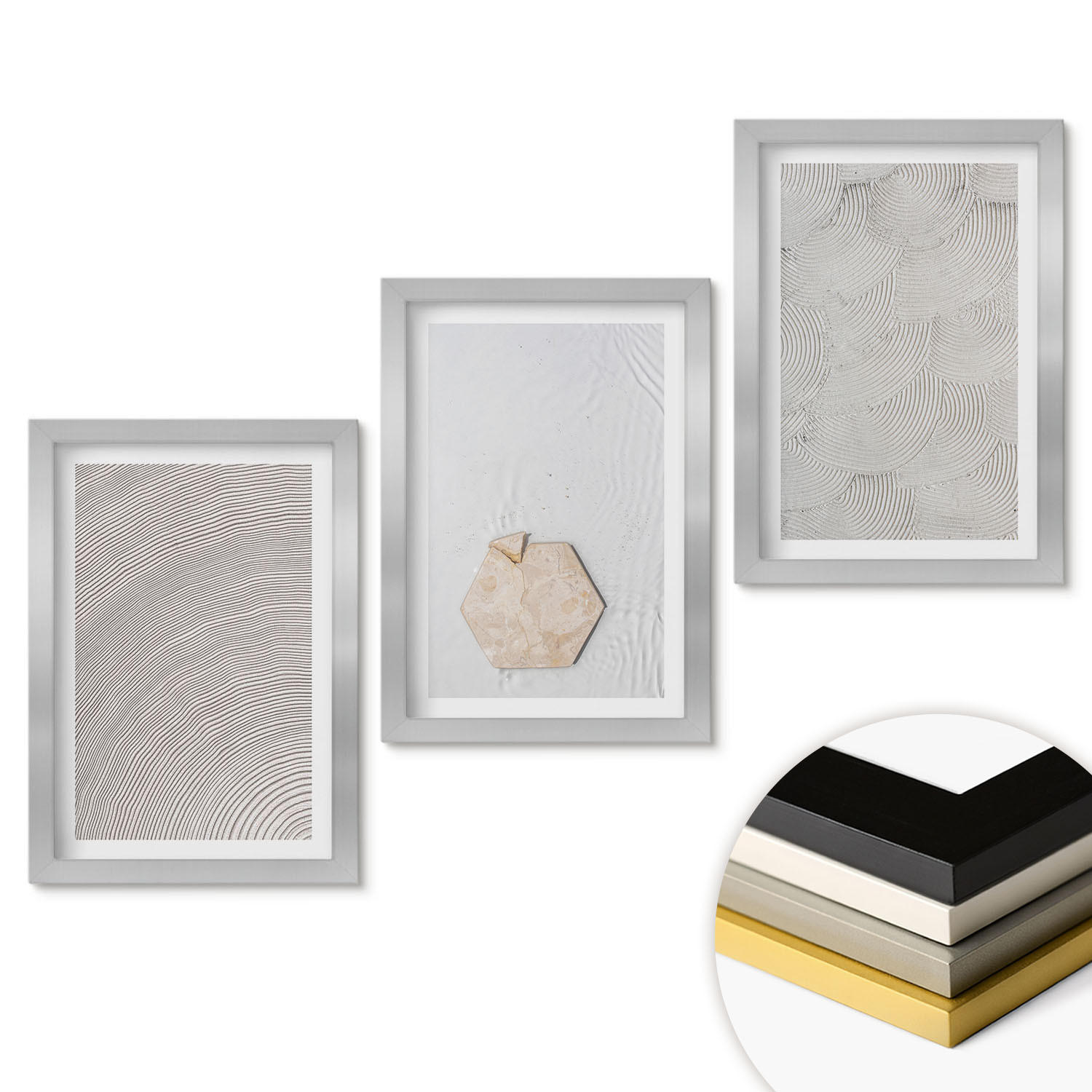 WANDBILDER 3er Set - 20x30 cm Silberner Rahmen - Leichte Boho-Sandtexturen - Silberfarben, Kunststoff (20/30cm) - ArtPrintCave