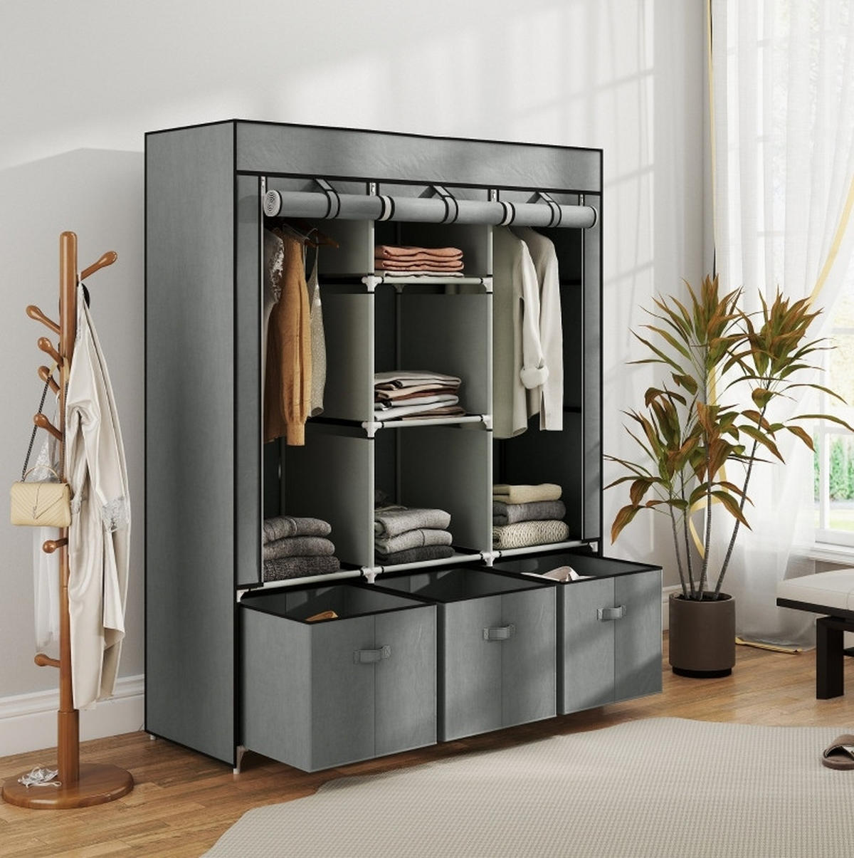 KLEIDERSCHRANK 125/43/162,5 cm hellgrau aus Stahl mit 3 Schubladen - Hellgrau, Metall (43/162.5/125cm) - OKWISH