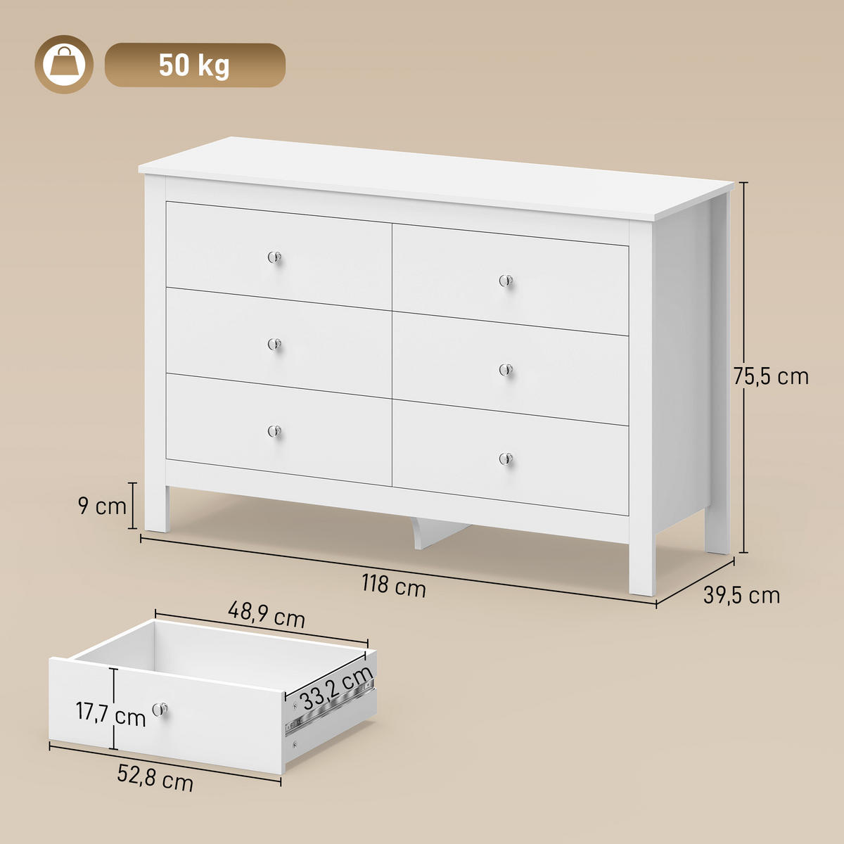 KOMODA MDF bílá - bílá/niklová, kov/kompozitní dřevo (39.5/75.5/118cm) - HOMCOM