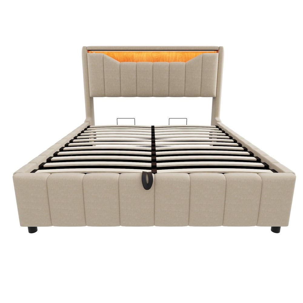 POLSTERBETT 140x200 cm mit hydraulischem Stauraum - klappbarem Kopfteil, LED & USB - Beige - ohne Matratze - Beige, Textil (140/200cm) - DELFA