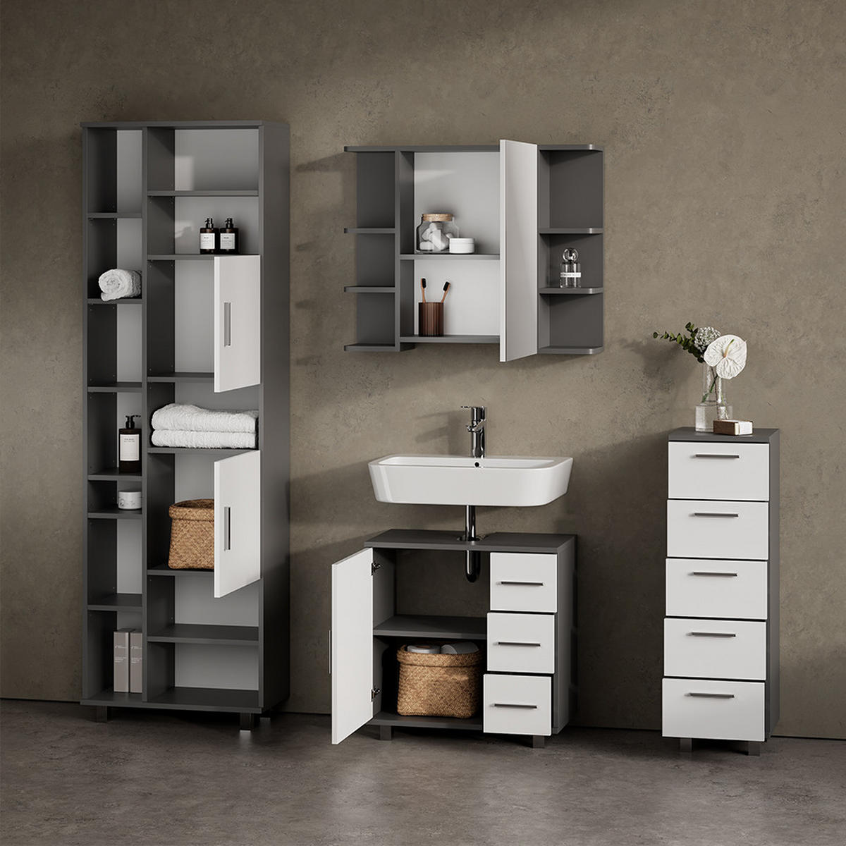BADMÖBEL-SET Eisak Anthrazit 4 Teile - Anthrazit/Weiß, Holzwerkstoff (60/60/33cm) - Livinity®