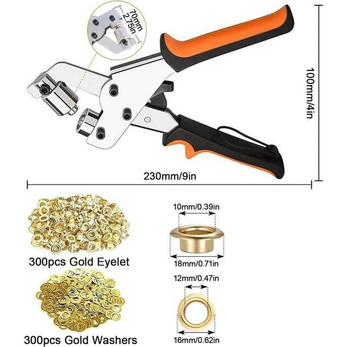 ÖSENZANGE – Inklusive 300 Metallösen (10 mm Durchmesser) – Geeignet für Stoff, Segeltuch und Leder - Grau, Metall (10/7/22cm) - DCA