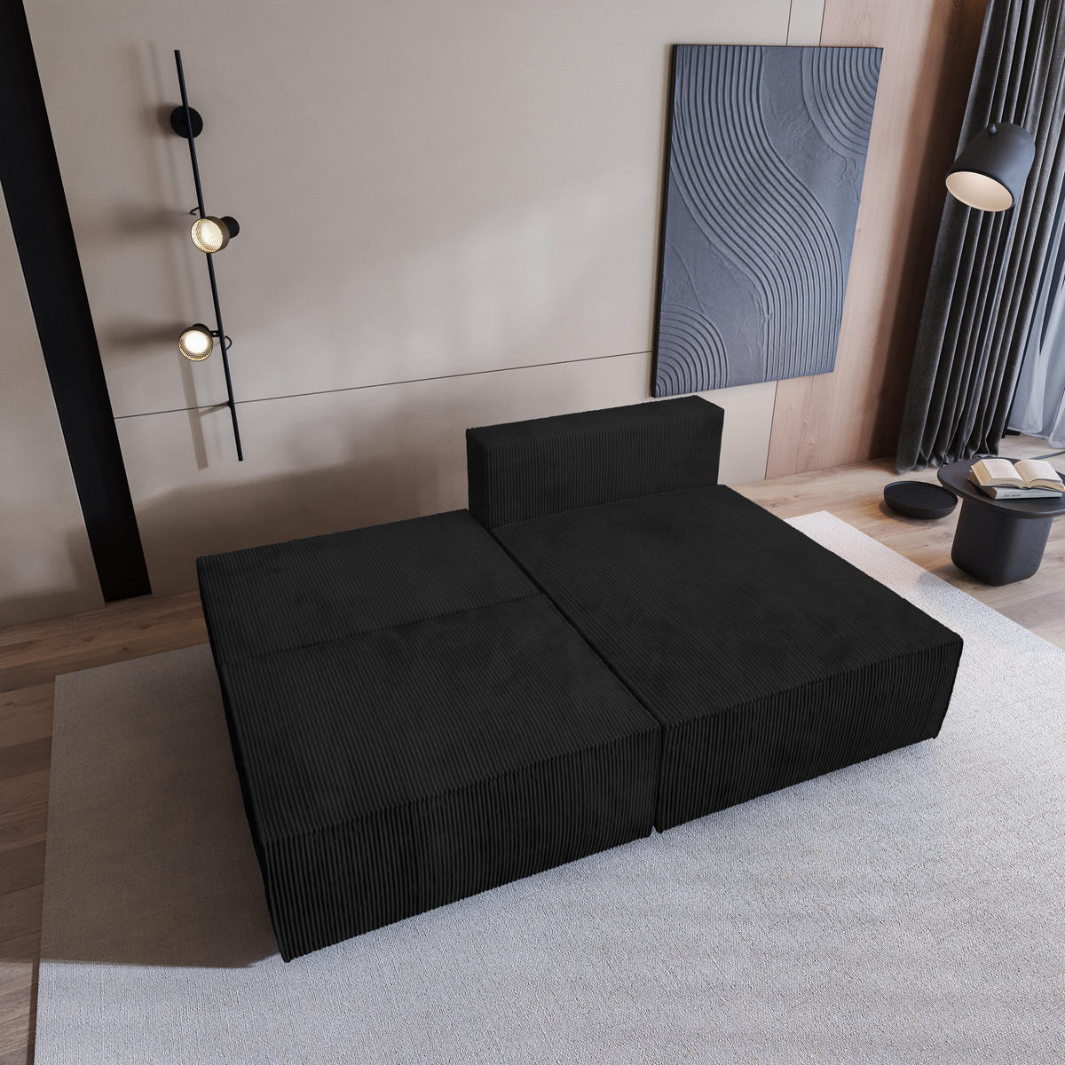 ECKSOFA FIORO P Schwarz Kordstoff mit Schlaffunktion - Schwarz, Holz (204/148cm) - MASSENO