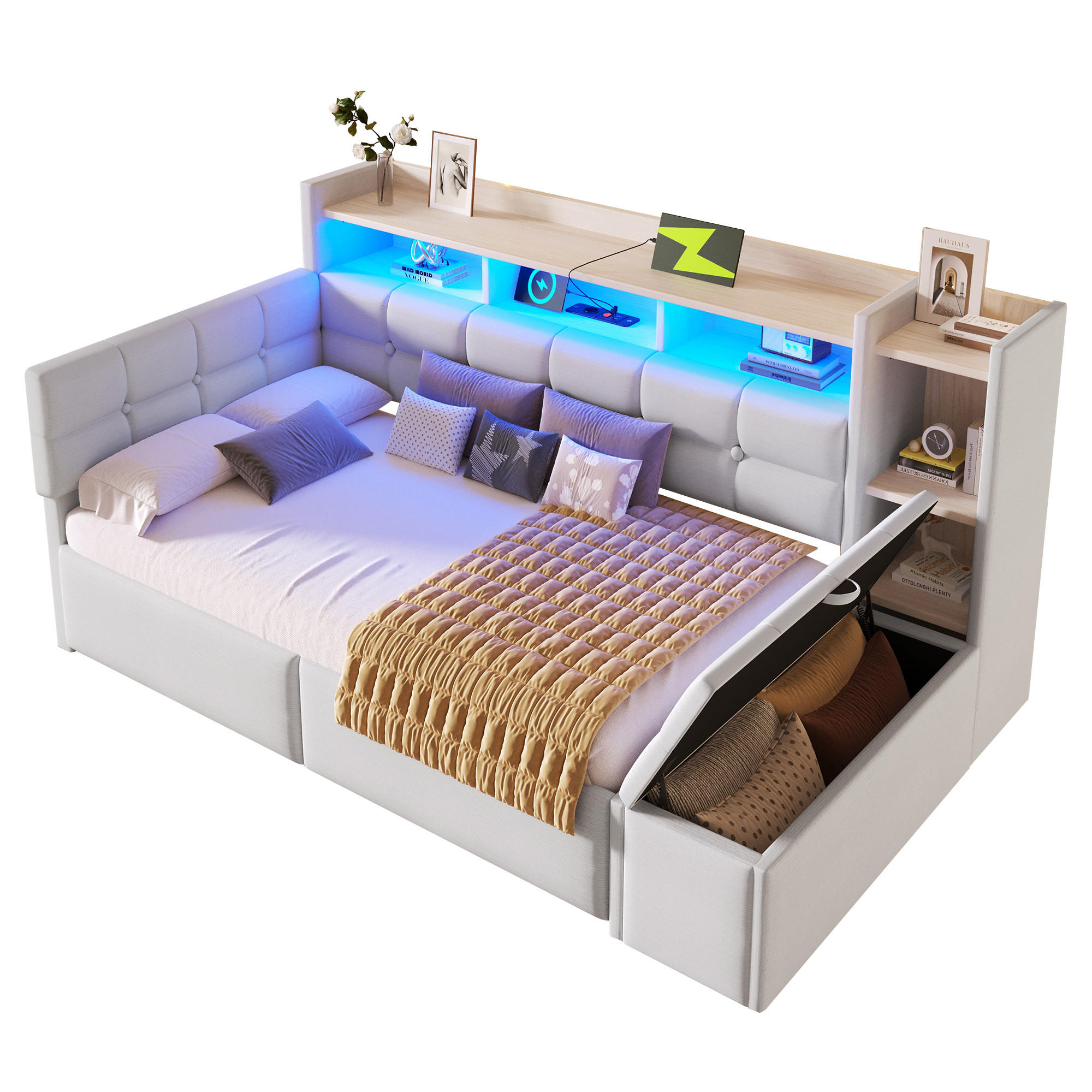 FLIEKS DENNÍ POSTEL 90x190cm Samet Zásuvky USB LED Bílá