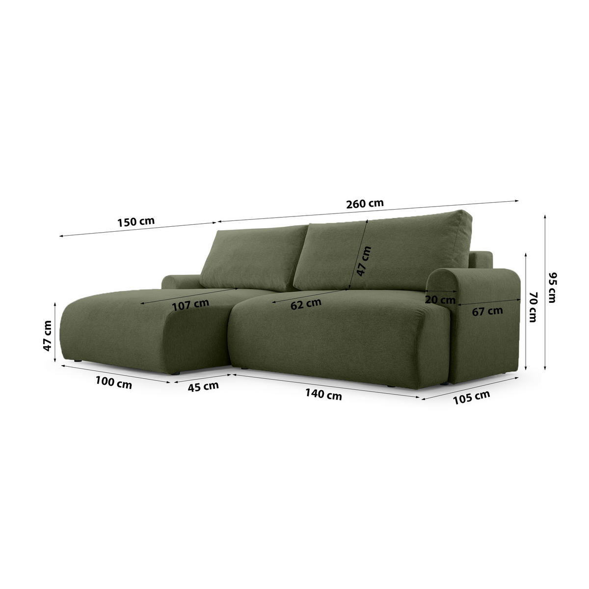 ECKSOFA mit Schlaffunktion Bordon, Dunkelgrün - Dunkelgrün, Textil (150/260cm) - Fedve