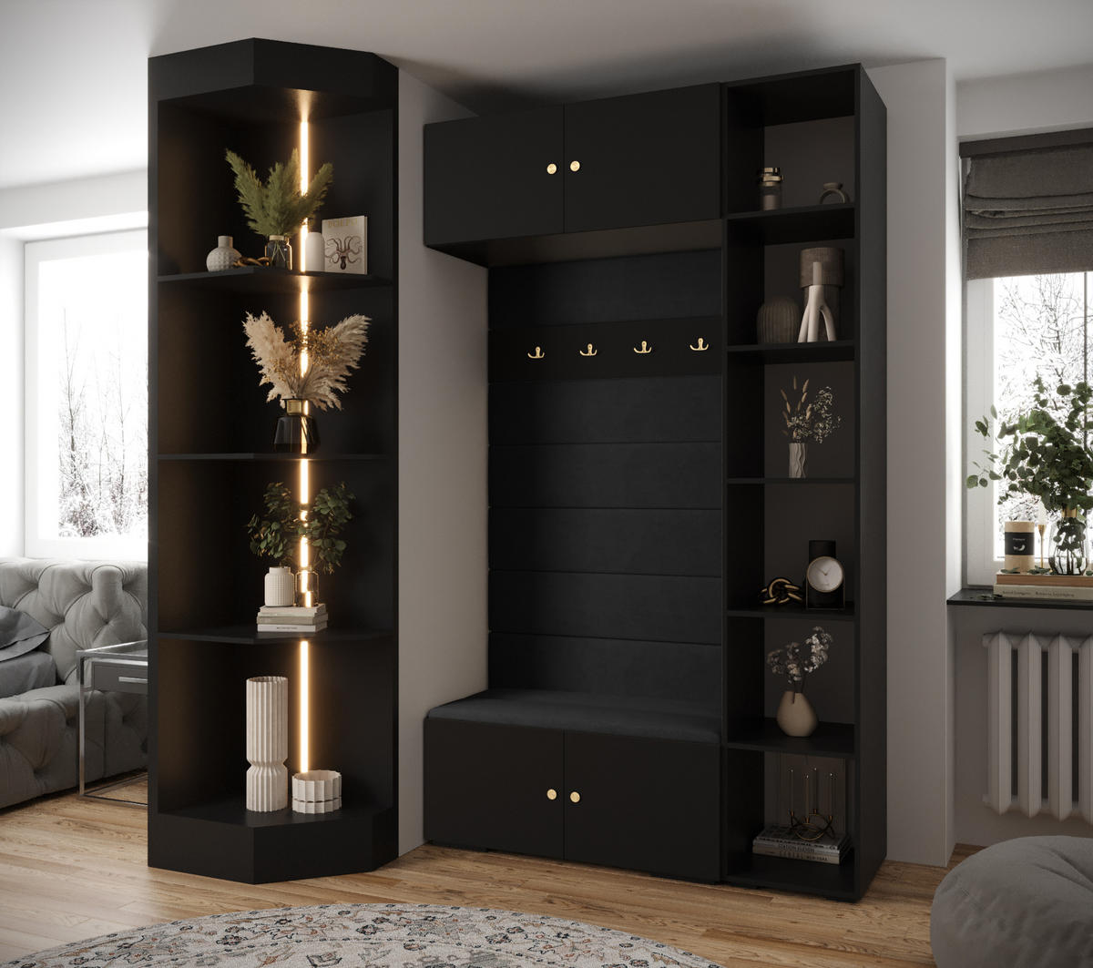 GARDEROBEN-SET 236,7/140/47 - Goldfarben/Schwarz, Holz/Kunststoff (140/236.7/47cm) - Abiks Möbel