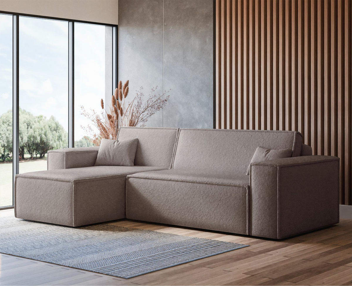 ECKSOFA Scarlo Hellbraun Bouclé-Bezug - Hellbraun/Schwarz, Kunststoff/Textil (244/145cm) - Selsey