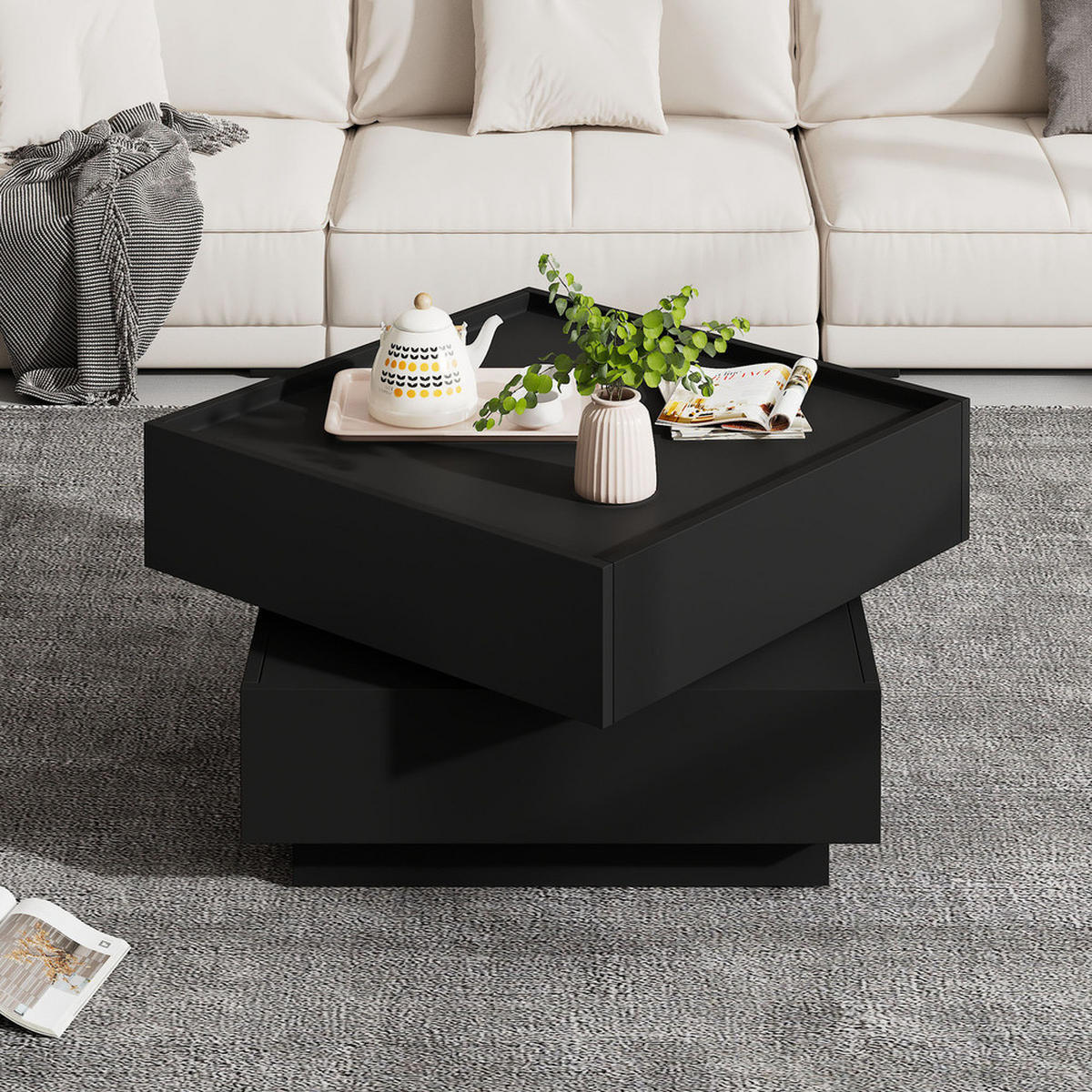 COUCHTISCH Funktionaler drehbarer mit Stauraum und Ablagen - Schwarz, Holz (69.85/66.29/38cm) - FLIEKS