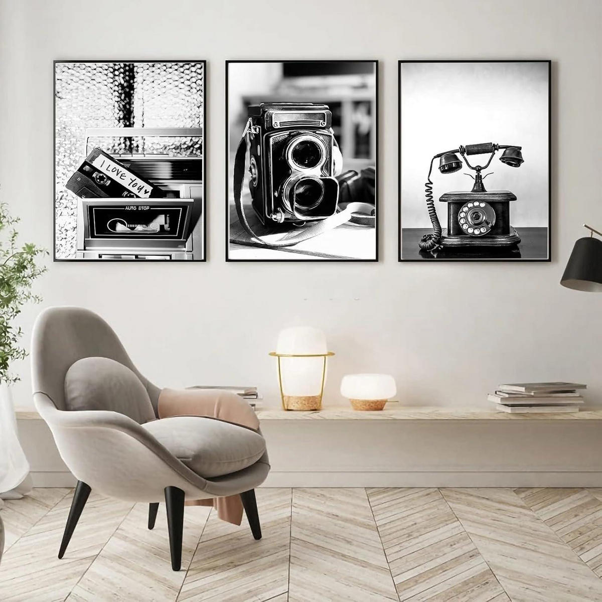 POSTER Set 3-teilig Schwarz Weiß Vintage Kameras Telefone 50x70cm - Schwarz, Papier (50/0.5cm)