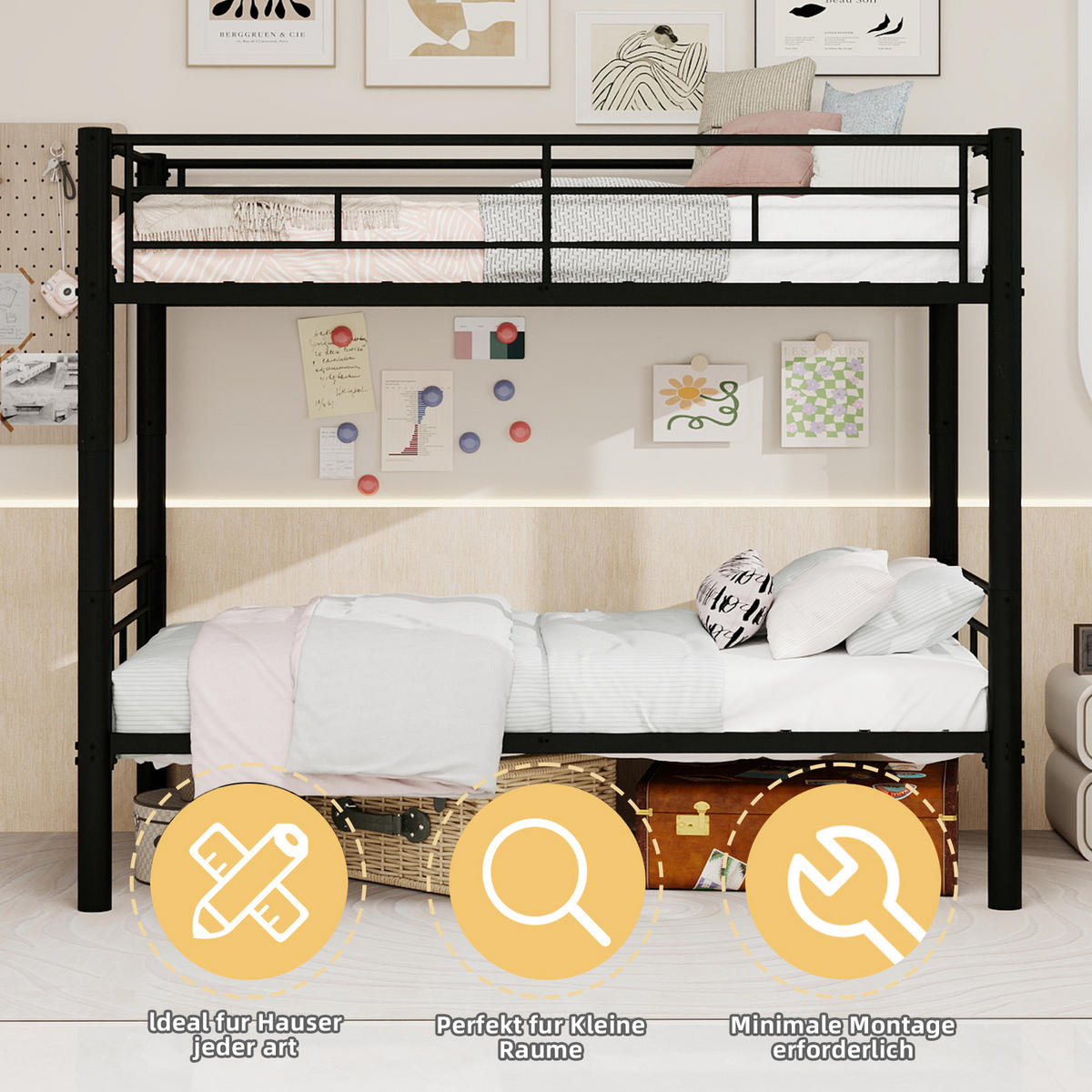 ETAGENBETT 90/190 mit Trennfunktion, Leiter und Geländern in Schwarz - Schwarz, Holzwerkstoff (90/190cm) - EVRYAE