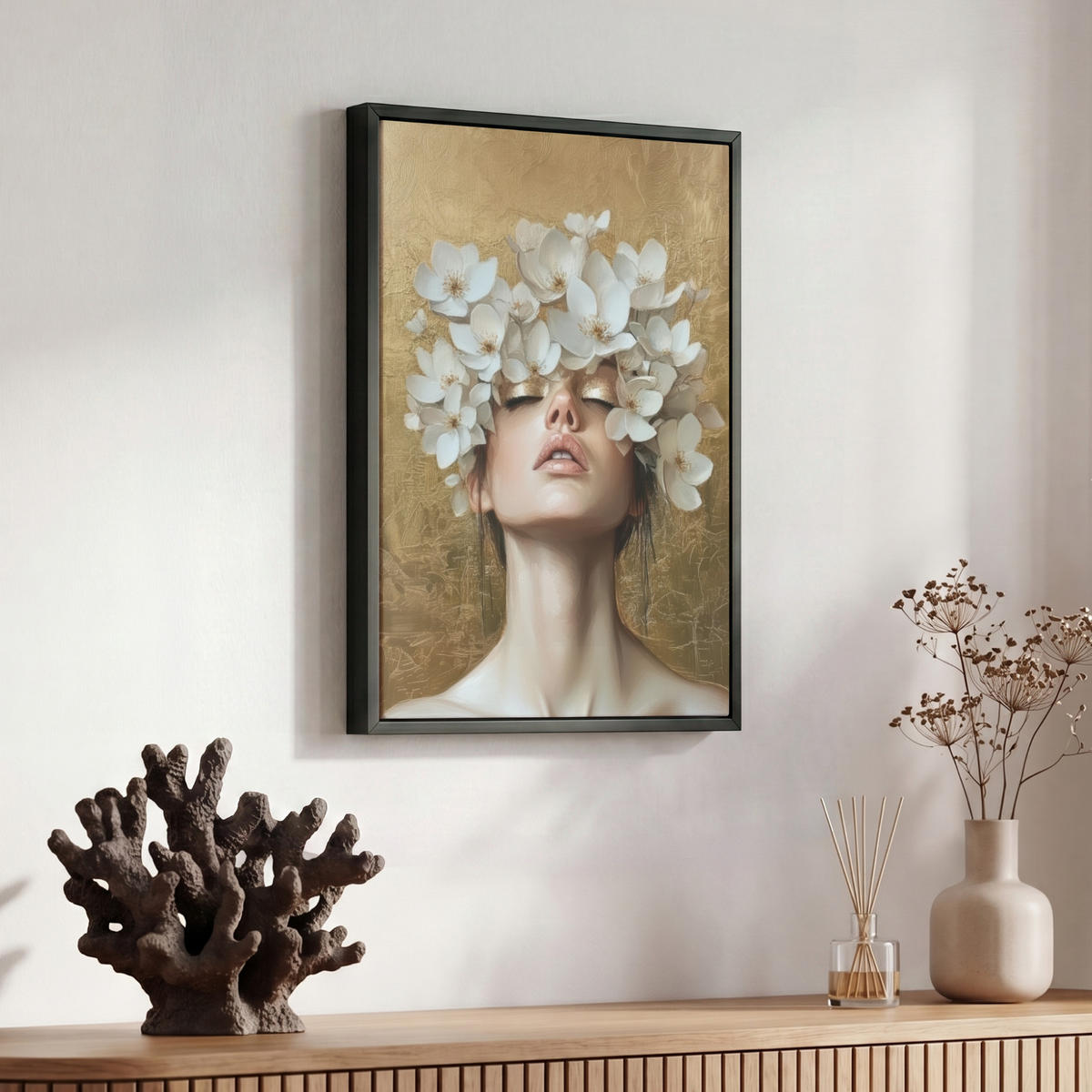 LEINWAND Bilder mit Rahmen - Gesicht - Blumen - Gold - Abstrakt - 30x40 - Goldfarben, Textil (30/40cm) - MuchoWow