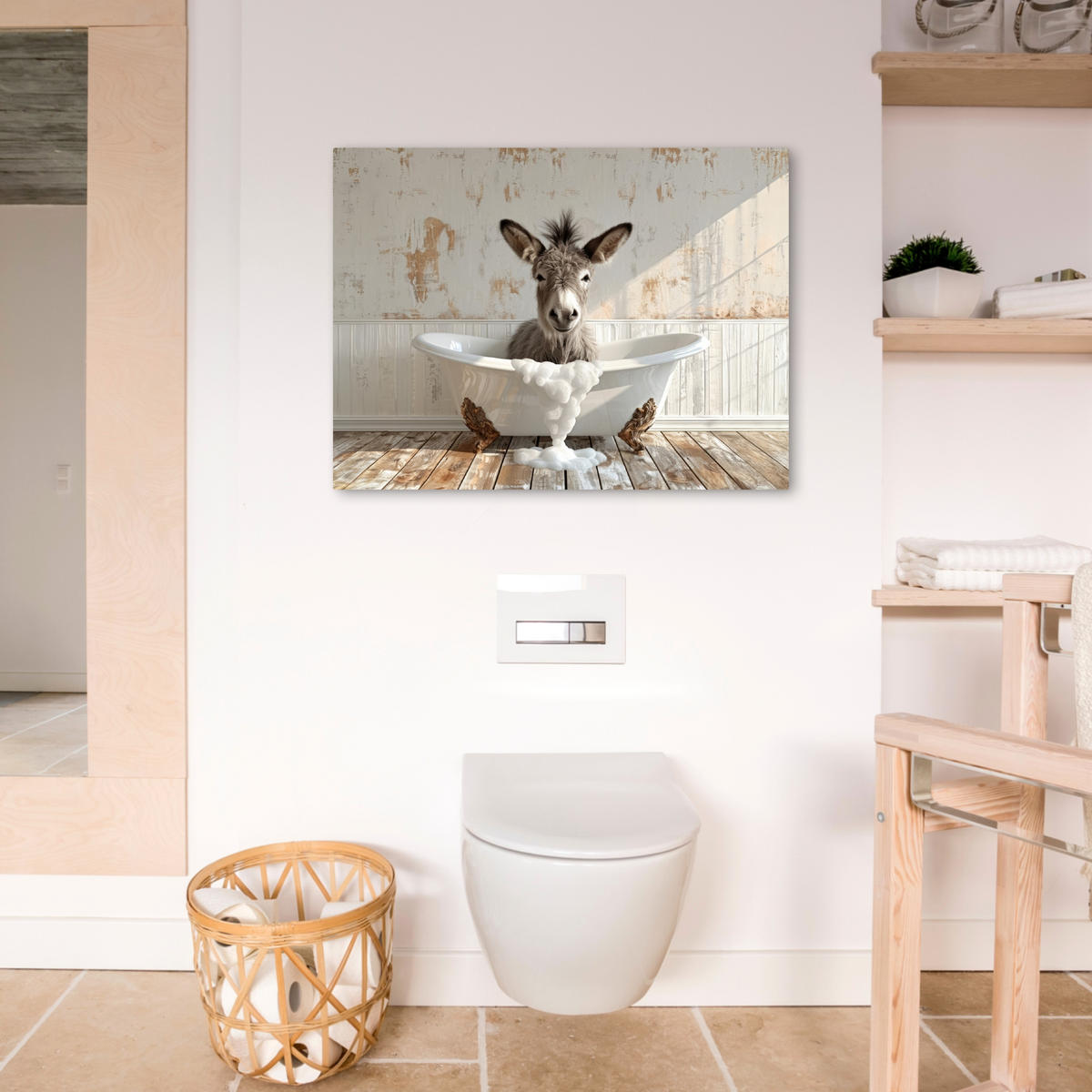 LEINWANDBILD Esel - Tiere - Badewanne - Schaumstoff Wandbilder 80x60 cm - Weiß, Textil (80/60cm) - MuchoWow