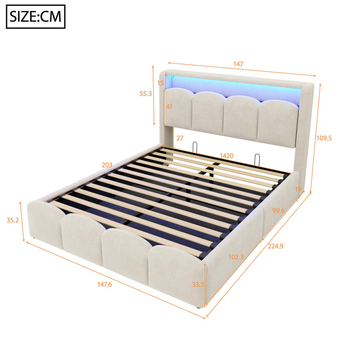 POLSTERBETT 140x200 cm in Beige mit LED, USB-/Typ-C-Anschlüssen und Stauraum - Beige, Textil (140/200cm) - IVMEU