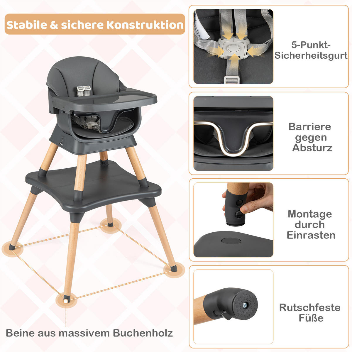 KINDERHOCHSTUHL mit Sitzerhöhung dunkelgrau - Dunkelgrau, Kunststoff (64/95/64cm) - COSTWAY