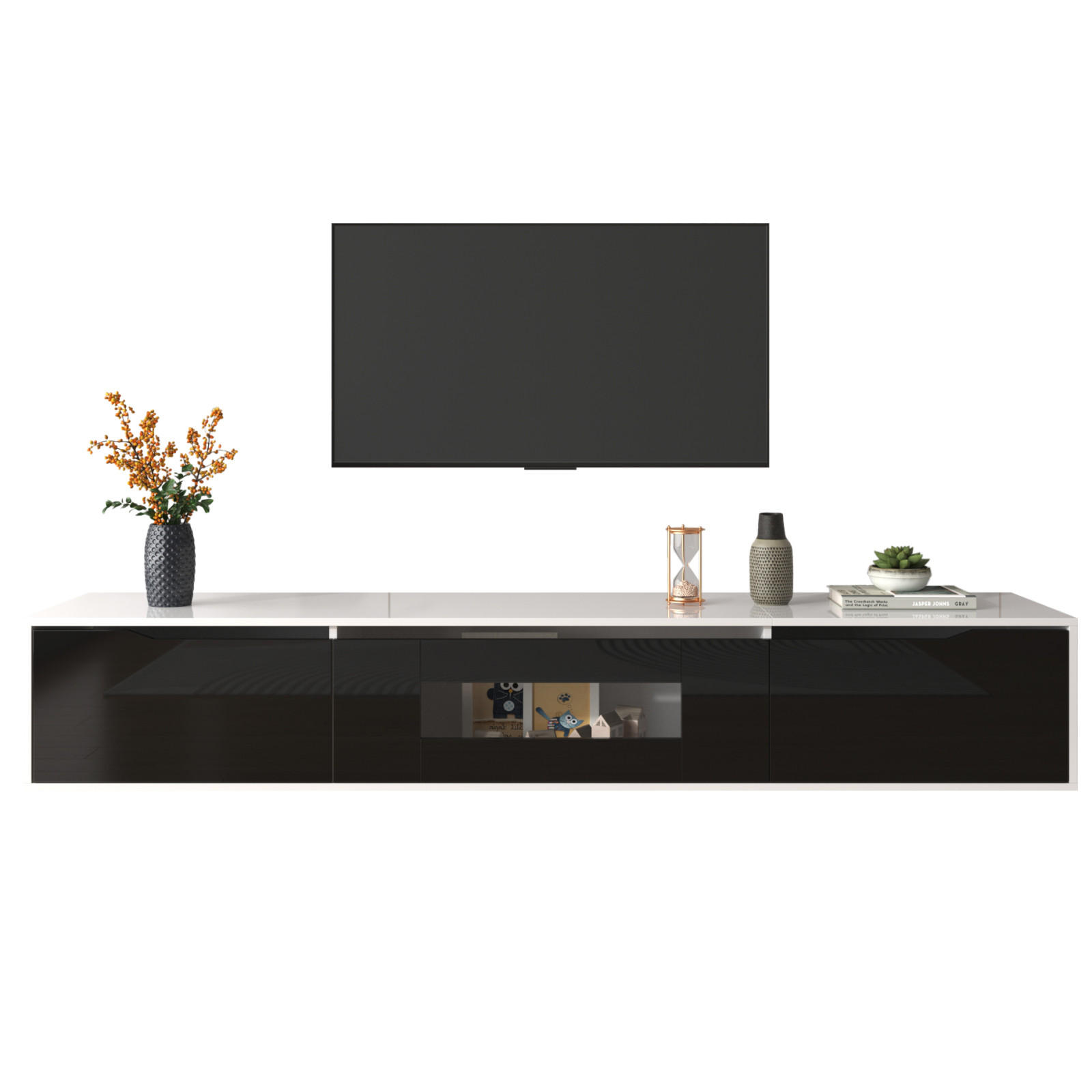 TV Lowboard LED, Hochglanz, Schwarz Weiß - Weiß, Holz (142/17/46cm)