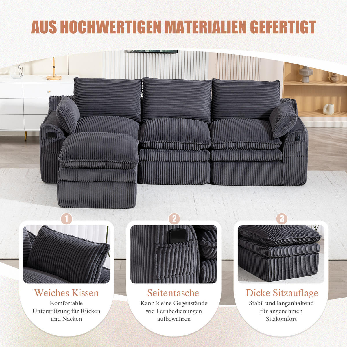 3-SITZER ECKSOFA Cord Dunkelgrau mit Kissen, Hocker und Seitentaschen - Dunkelgrau, Textil (263/167cm) - WISHDOR