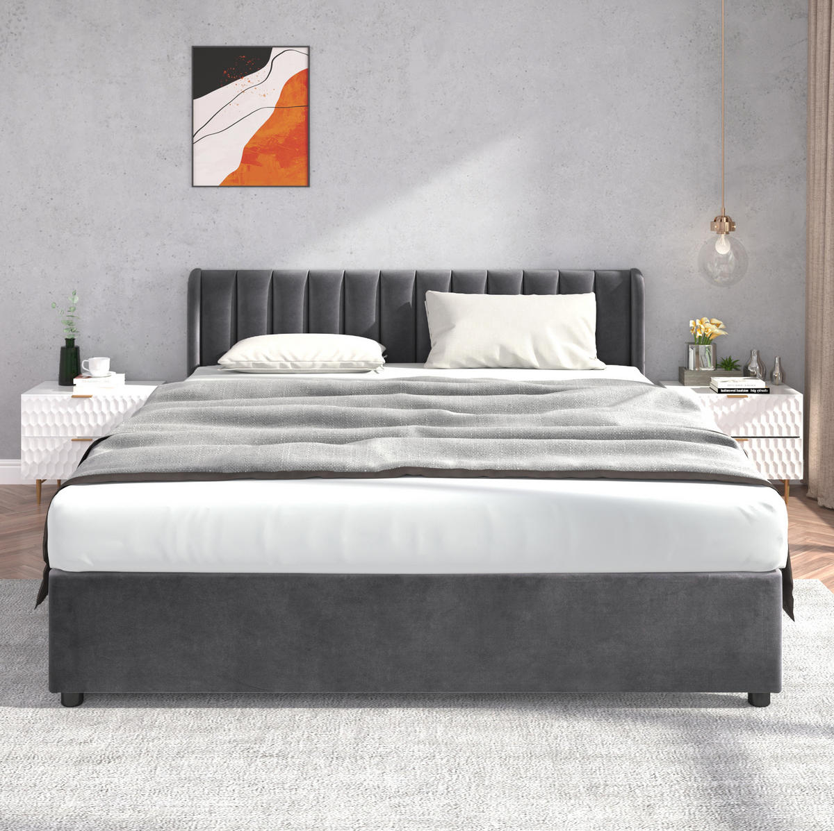 POLSTERBETT Samt 180x200 cm Grau mit Lattenrost, hohem Kopfteil und 2 Schubladen - Grau, Textil (180/200cm) - IVMEU
