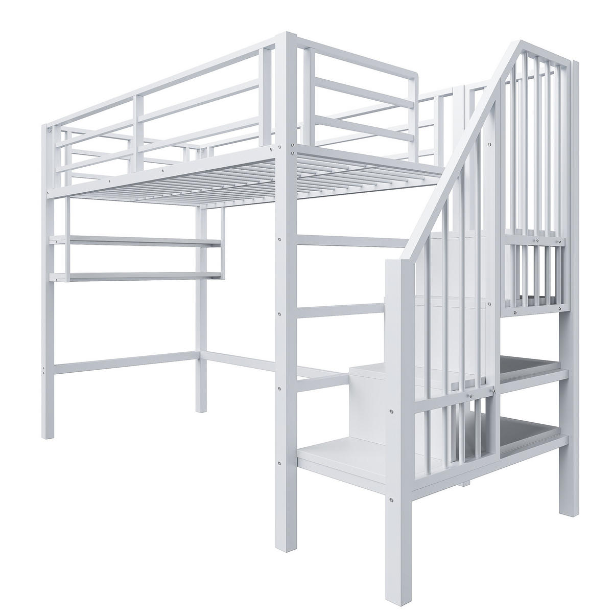 HOCHBETT 90/200 cm, Weiß mit Regalen, Stauraumleiter, ohne Matratze - Weiß, Metall (90/200cm) - MIVRAY