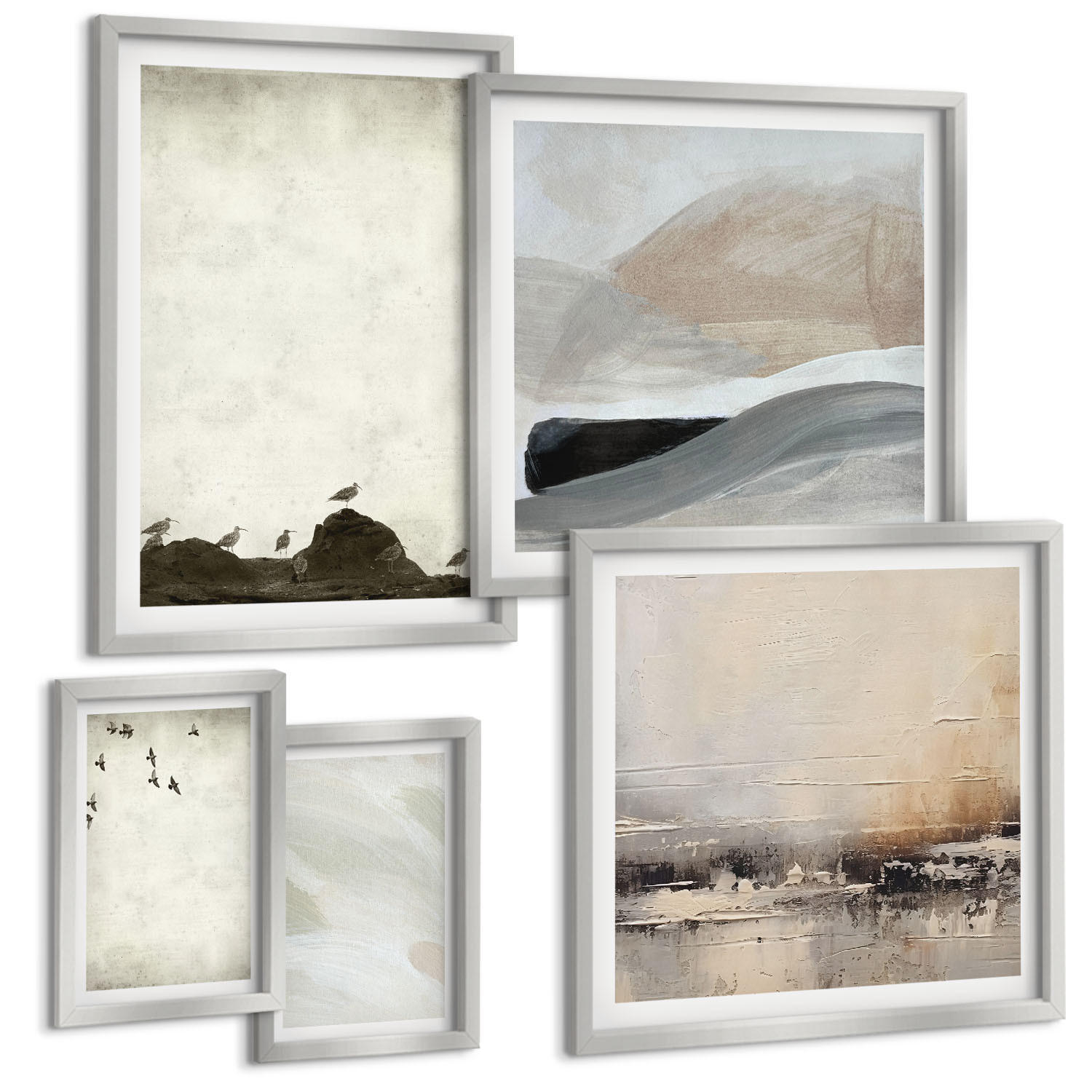 BILDER SET 5er Set - 50x50 cm & 20x30 cm & 40x60 cm Silberner Rahmen - Vögel, Steine, Pinselstriche, Verzierungen - Silberfarben, Kunststoff (40/60cm) - TULUP