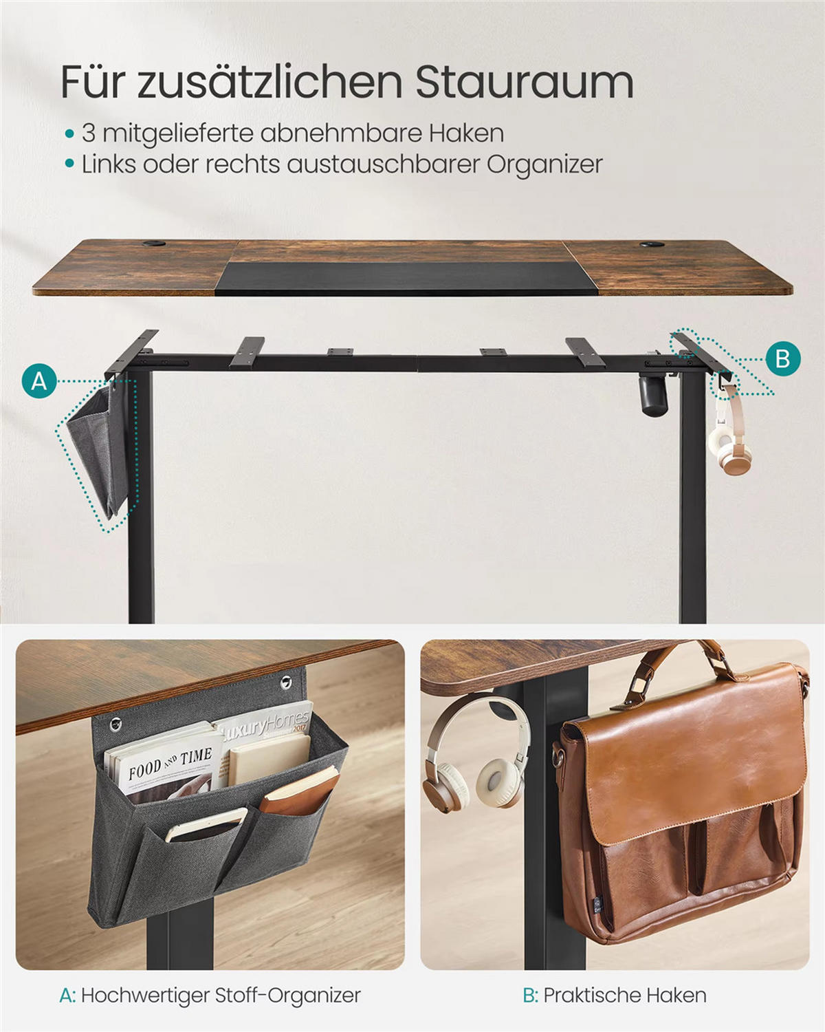 SCHREIBTISCH 160/70/72-120 cm elektrisch höhenverstellbar Tisch - Braun, Holz (160/70/72cm) - Kaket