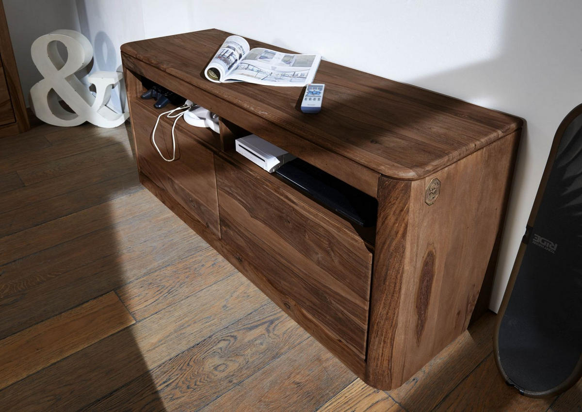 TV-BOARD Sheesham 130x40x58 rot-braun gebeizt TORONTO #119 - Dunkelbraun, Holz (130/58/40cm) - Massivmoebel24