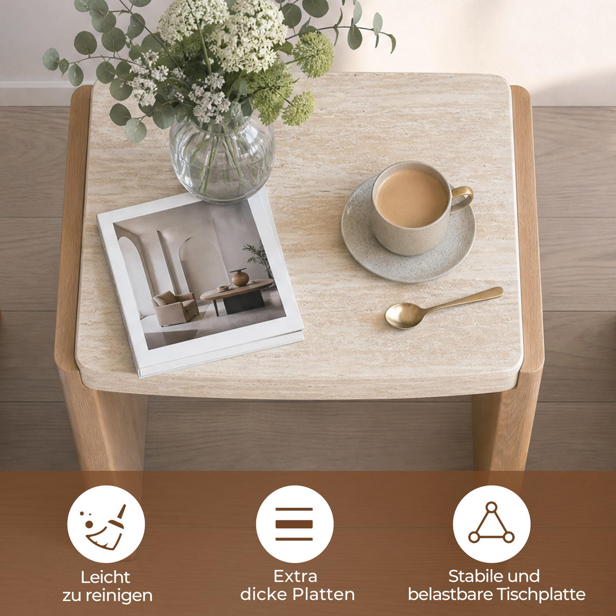 COUCHTISCH Holz mit Travertin-Optik, 49 × 40 × 46 cm - Braun, Holzwerkstoff (40/49/46cm) - Hometopia